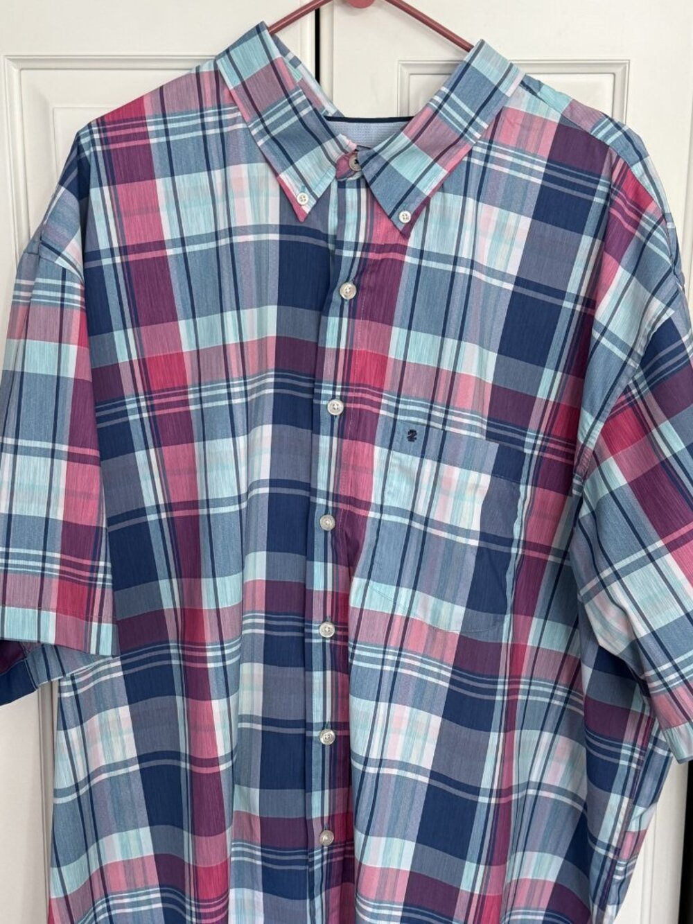 IZOD Short Sleeve Shirt - Plaid - Dark & Light Pink, Dark & Light Blue and White